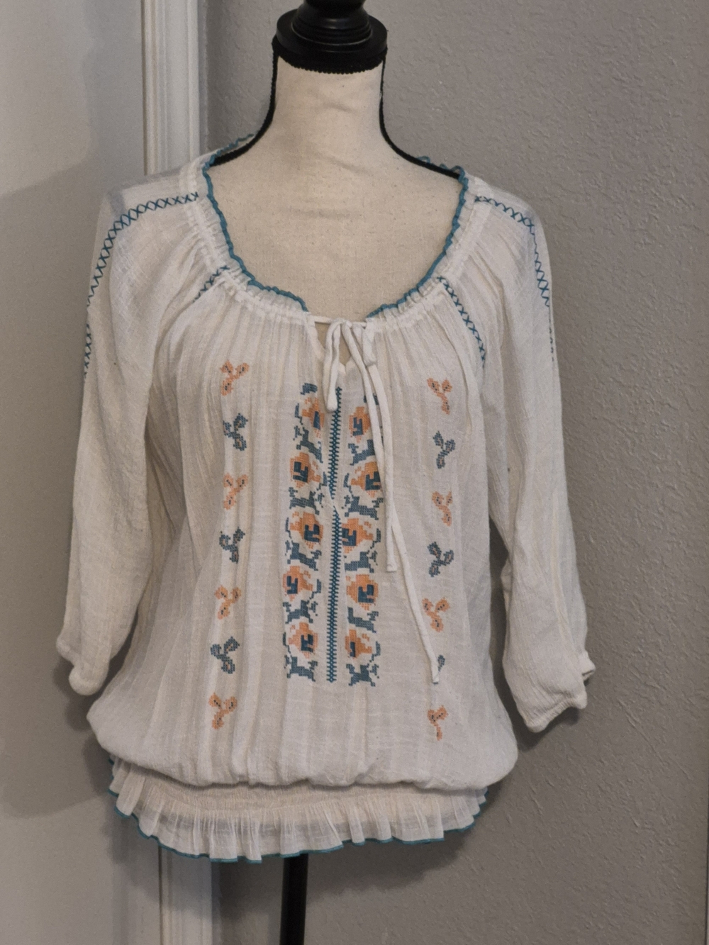 White Wrangler Embroidered Peasant Blouse with Blue & Peach Accents